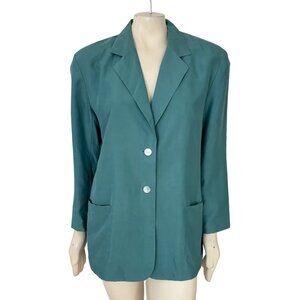 NEW VTG WINTERSILKS 100% Silk 2 Button Boyfriend Blazer in Teal Green SZ XLP